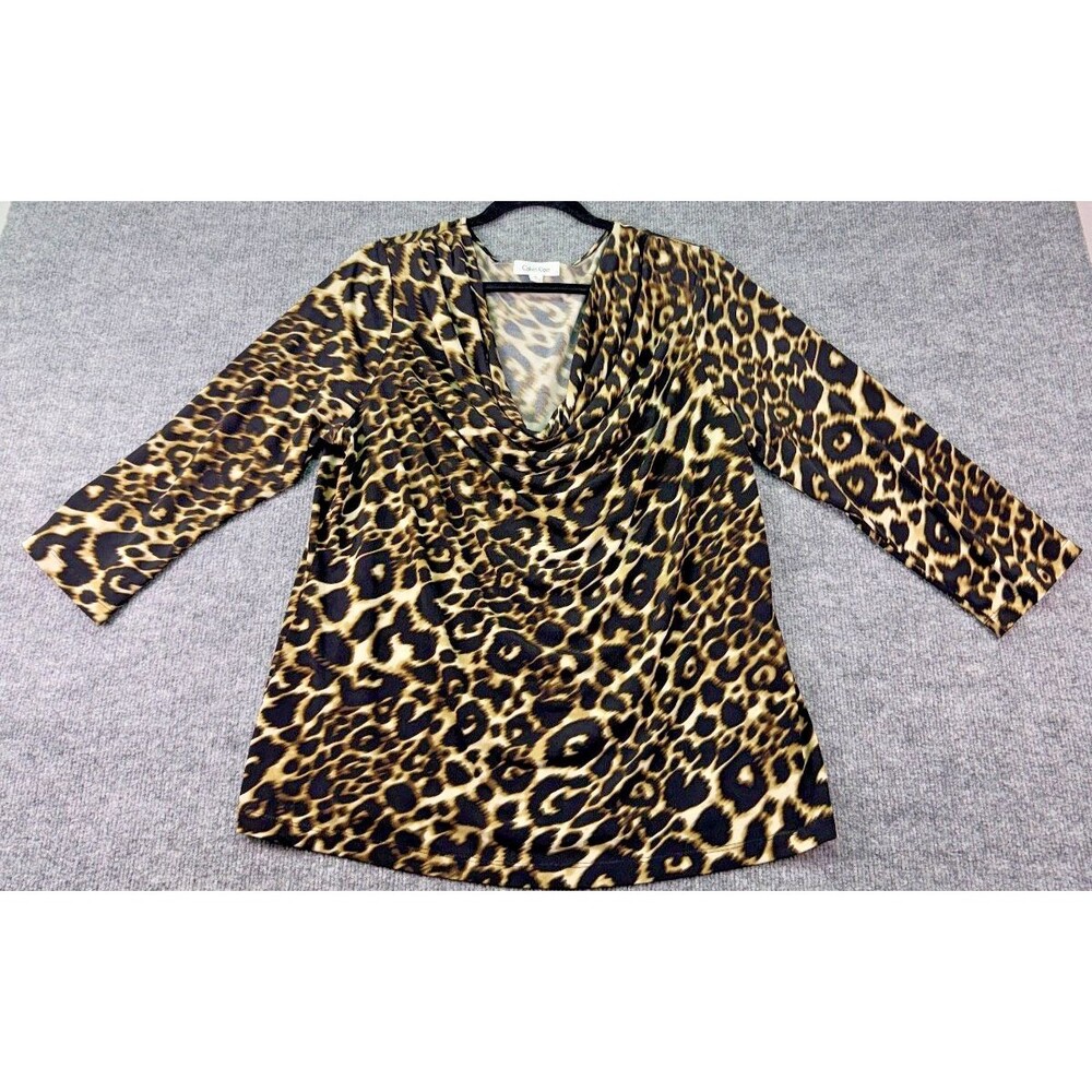 Calvin Klein Leopard Print Cowl Neck Top Women’s XL 3/4 Sleeve Blouse